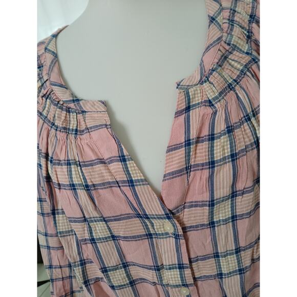 GAP Plaid Gathered Blouse Puff Sleeve Pink Blue White Button Front Top Large - Picture 8 of 12